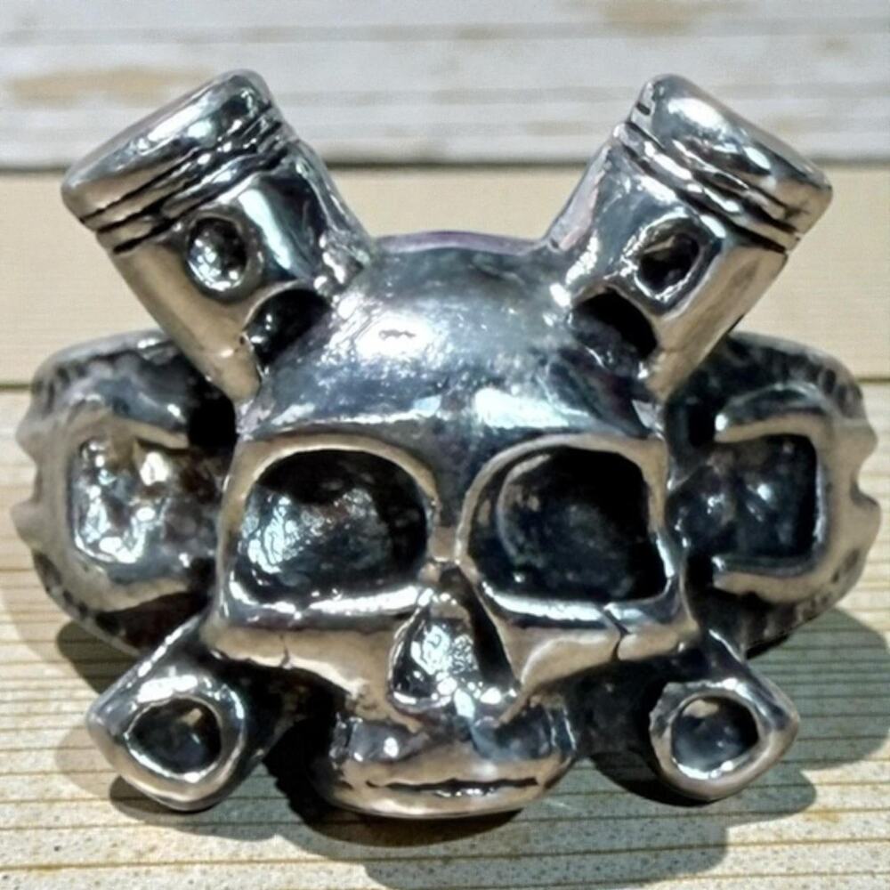 Stainless Steel Skull Ring with Pistons Size 11.5